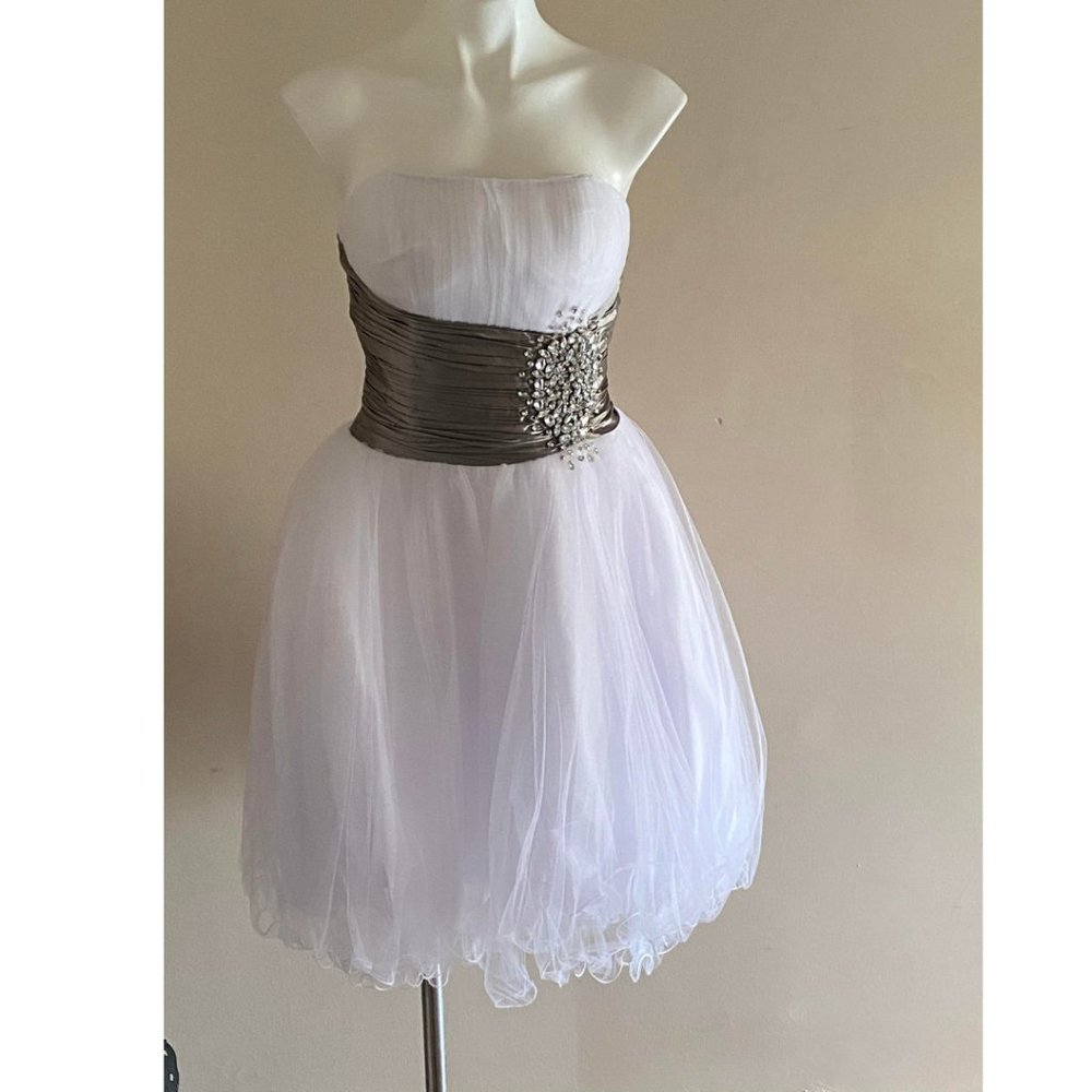 Strapless White Tulle Asymmetrical Dress with Embellished Taupe Belt